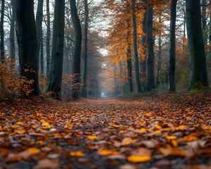 Obraz premium Autumn Forest Path with Fallen Leaves Photo
