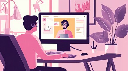 Man on Video Call at Desk in Home Office