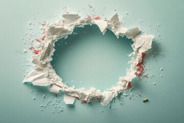 A hole in the wall made of white plaster, with a small amount of broken and torn edges around it. Created with Ai