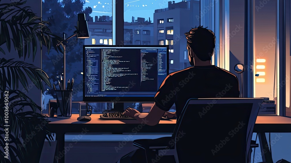 Poster man coding at night in front of a window with city lights
