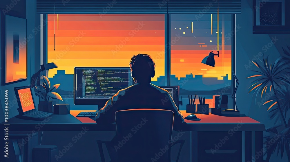 Poster silhouette of a coder working at a desk with sunset view