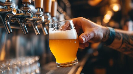 Pouring a fresh craft beer from the tap in a bustling bar during the evening hours, showcasing a golden beverage with frothy head