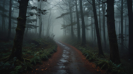 Fototapeta premium Misty Forest Pathway in Mysterious Foggy Landscape