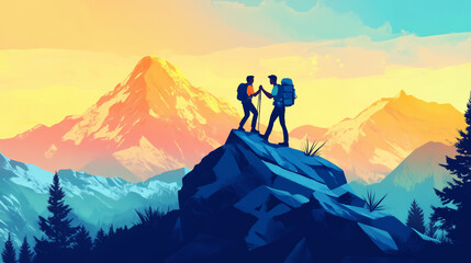 Hiker helping friend reach the mountain top, Generative Ai illustration
