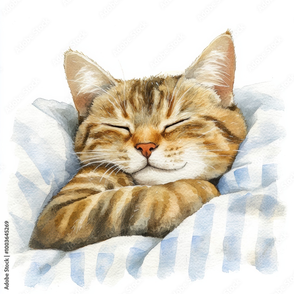 Poster a serene tabby cat peacefully sleeping on a cozy bedspread with a soft white background during a cal