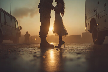 The couple's feet touch each other, the bride wears high heels and a gauze skirt. The background is blurred in the soft light of sunset. Created with Ai