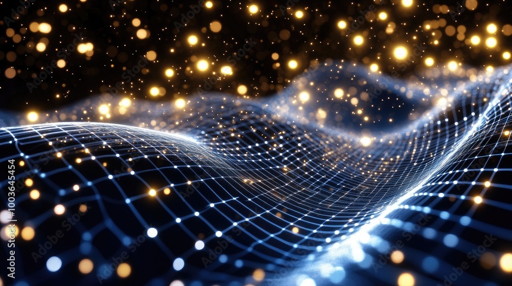 Poster abstract wave with glowing particles and grid design