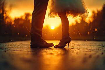  A cinematic shot of the bride and groom in their wedding attire, holding each other's hands. Created with Ai