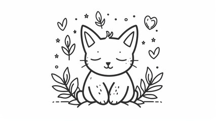 Obraz premium A cat is sitting in a field of leaves and flowers. The cat is sleeping and surrounded by a peaceful, serene environment
