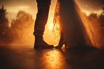  The couple is wearing wedding shoes, standing face to the camera with their feet together and legs slightly bent, facing each other in an embrace. Created with Ai