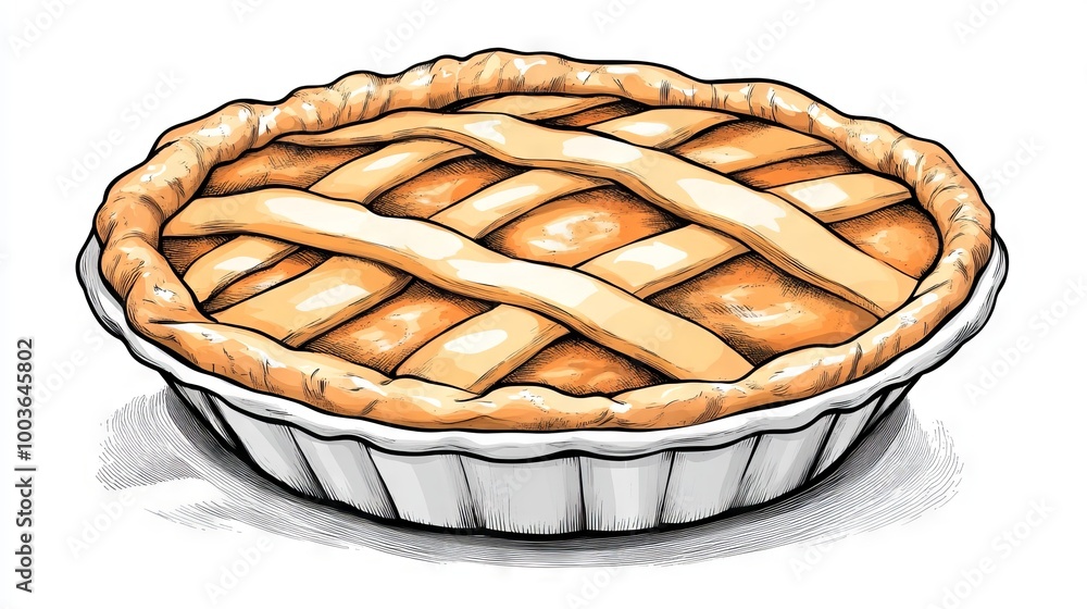 Poster simple line illustration of a pumpkin pie with a lattice crust and smooth filling, perfect for color