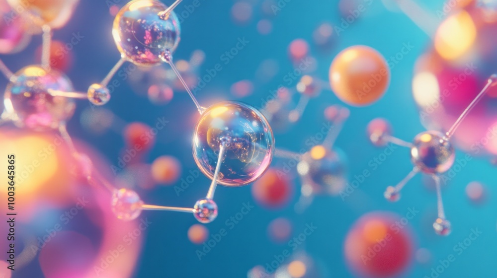 Poster a colorful image of molecules and atoms in a blue background
