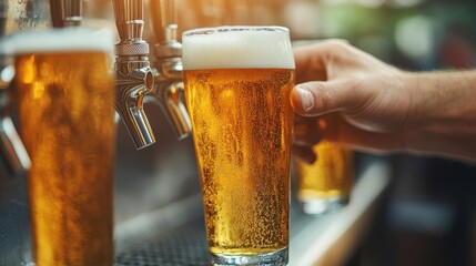 A bartender pours fresh beer into a frosted glass at a bustling craft brewery during the afternoon rush hour