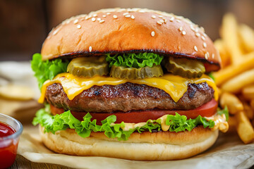 A gourmet burger with a juicy patty, melted cheese, fresh lettuce, tomato, and pickles, dripping with sauce, served with crispy fries on the side