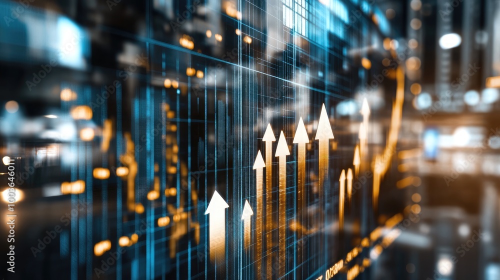 Poster data visualization with rising graph arrows and lights