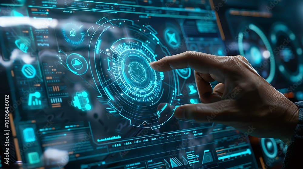 Poster hand interacts with a futuristic technology interface, emphasizing digital innovation and interactio