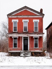 An abandoned red brick house with white trim, set against a snowy landscape, evoking a sense of nostalgia and history.