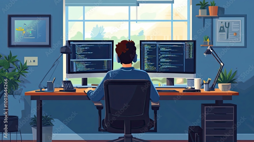 Poster a programmer working at a computer desk with two monitors