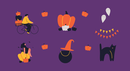 Happy Halloween vector illustration. House, pumpkin, bats, decorate for Halloween home backyard and autumn landscape on background. Stylized autumn forest and mysterious house on background.	