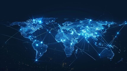 A digital representation of global network connections on a world map, highlighting data points and connectivity in a blue-themed background.