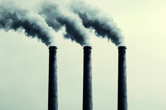 Three smokestacks emitting smoke against a grey sky, symbolizing industrial pollution and environmental impact.