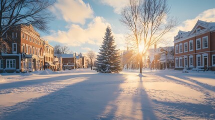 Photograph a picturesque town square covered in snow.