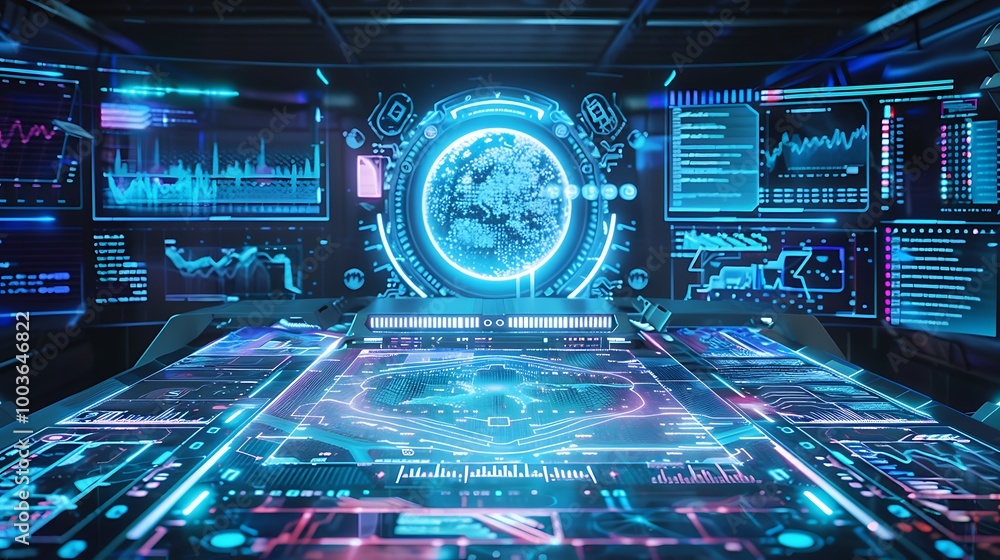 Poster futuristic tech interface with digital screens showing data and information.