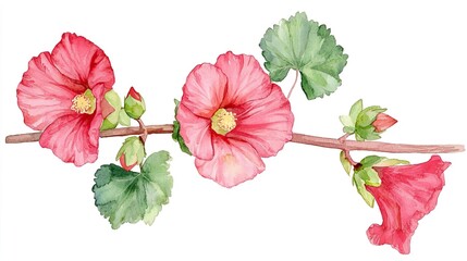 Fototapeta premium Watercolor clipart of a single hollyhock bloom, isolate on white background