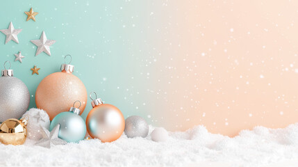 Festive Christmas ornaments in pastel colors on a snowy background with sparkling stars and a...