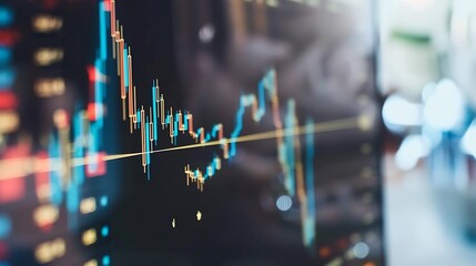 Close-up shot of a computer screen displaying a financial chart with colored lines and indicators, illustrating market trends and data analysis