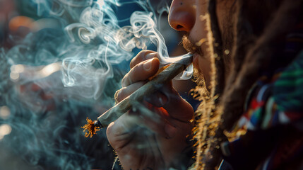 A person inhaling drugs from a DIY pipe, appearing relaxed and detached from reality.