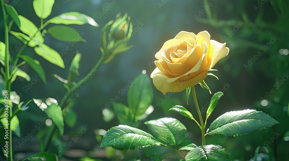 Canvas Prints A delicate yellow rose in a lush garden, with vibrant green leaves and soft sunlight filtering through, symbolizing friendship and joy.