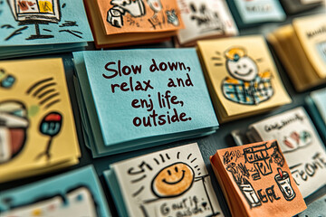  A photo of the text "Slow down, relax, shape your life outside" written on an office ID card with a cute cartoon-style design. Created with Ai
