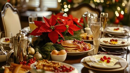 A beautifully set Christmas breakfast table with pancakes, bacon, eggs, and a centerpiece of poinsettias