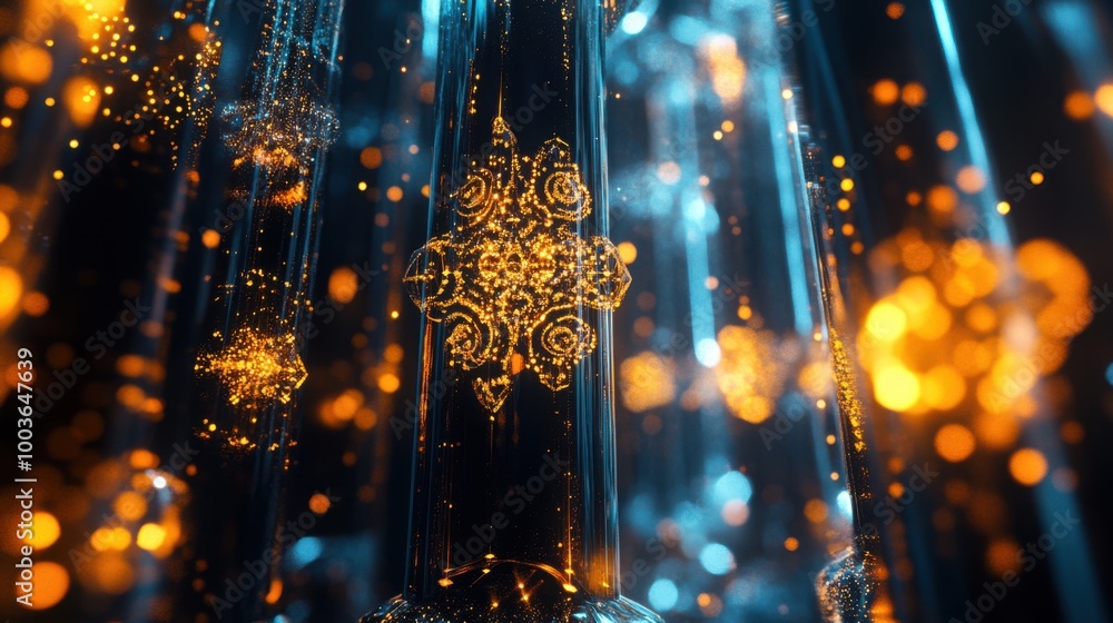 Poster holographic 3d structures with intricate designs and glowing accents, creating a sense of depth