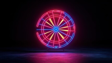 A glowing neon dartboard with vibrant colors stands out against a pitch-black background, its rings illuminated in sharp focus,