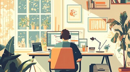 Person working at a desk with multiple monitors and headphones