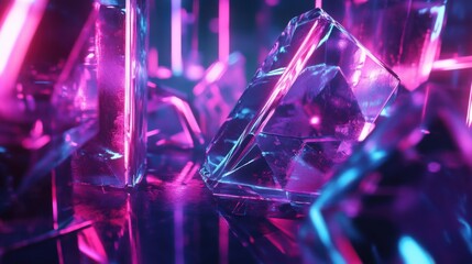 Holographic 3D shapes with layered, translucent surfaces and neon lights, creating a sense