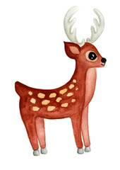 Illustration of a baby deer. In profile. Watercolor. Different shades of brown, gray horns, hooves. Isolated on white background. Cute animal. Stylization