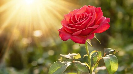 Fototapeta premium A single red rose in full bloom, with soft lighting highlighting its delicate petals, creating a romantic and serene atmosphere.