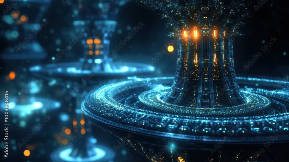 Poster holographic 3d structures with intricate designs and glowing accents, creating a sense of depth