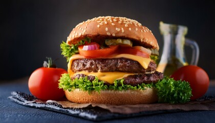 cheeseburger with meat burger and fresh vegetables - healthy food, natural ingredients, dark