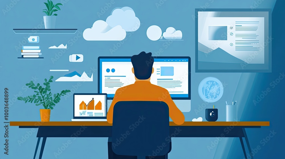 Poster a person working at a desk with a computer and laptop