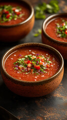 Traditional spanish cold tomato soup gazpacho with cucumber, onion, garlic and parsley