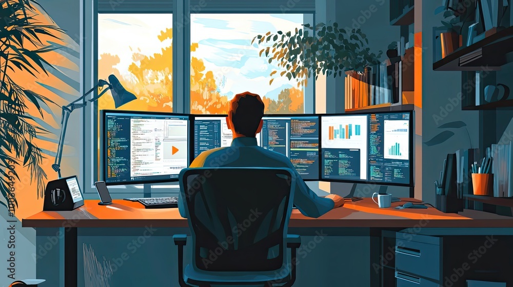 Poster a man working on a computer at his desk with multiple monitors