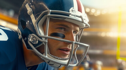 A side view of an intense American football player in full gear, with black eye paint shining under bright lights. His focused eyes peer through the helmet grille as he prepares for the big play.