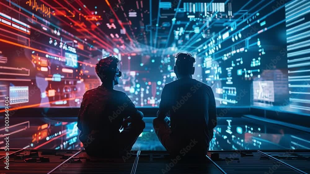 Poster two programmers are looking at a futuristic data visualization projected on a wall, immersing themse