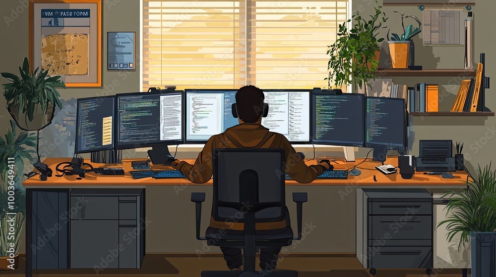 Poster a man sitting in a home office with multiple computer monitors