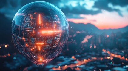 Balloon-shaped security device with futuristic digital interface, symbolizing advanced surveillance technology in a playful,