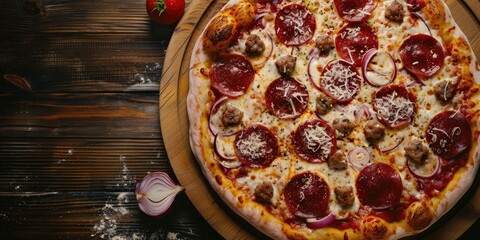 Savory pizza adorned with mozzarella cheese, pepperoni, sausage, onion, and tomato sauce.